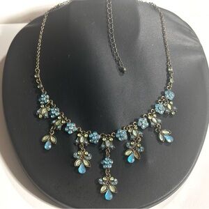 Rococo Revival Bib Necklace Blue & Green Rhinestone Weathered Brass Tone Flaw
